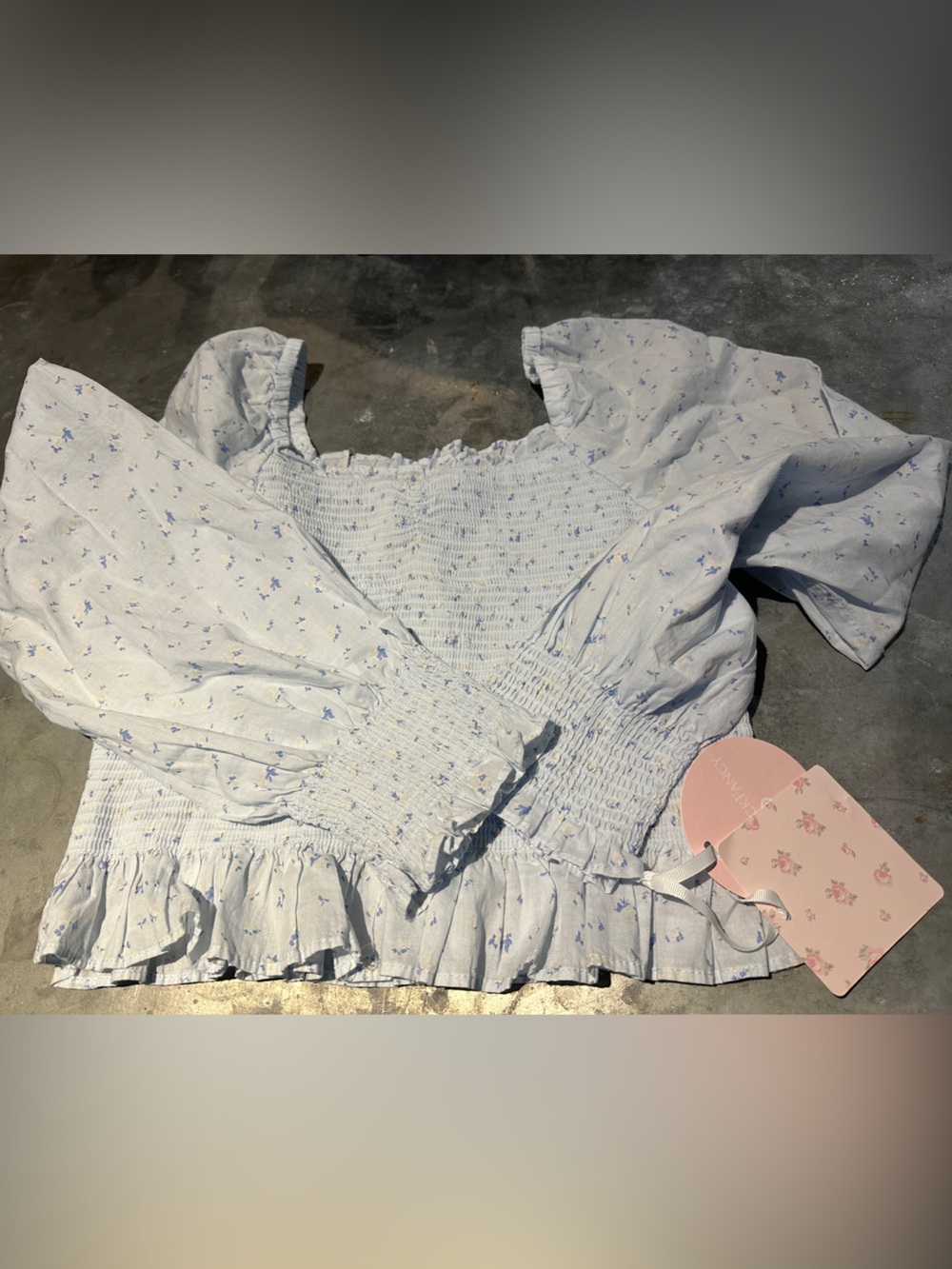LoveShackFancy Girls' White Top with Light Blue Floral Print NWT size 14